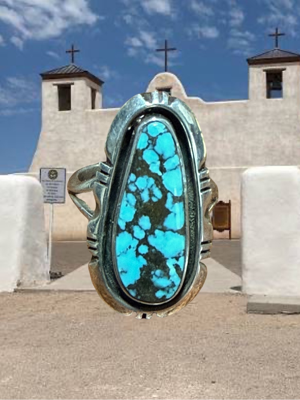 RARE Pete Sanchez Navajo/Isleta Pueblo  Turquoise Sterling SilverRing Sz  7 1/4